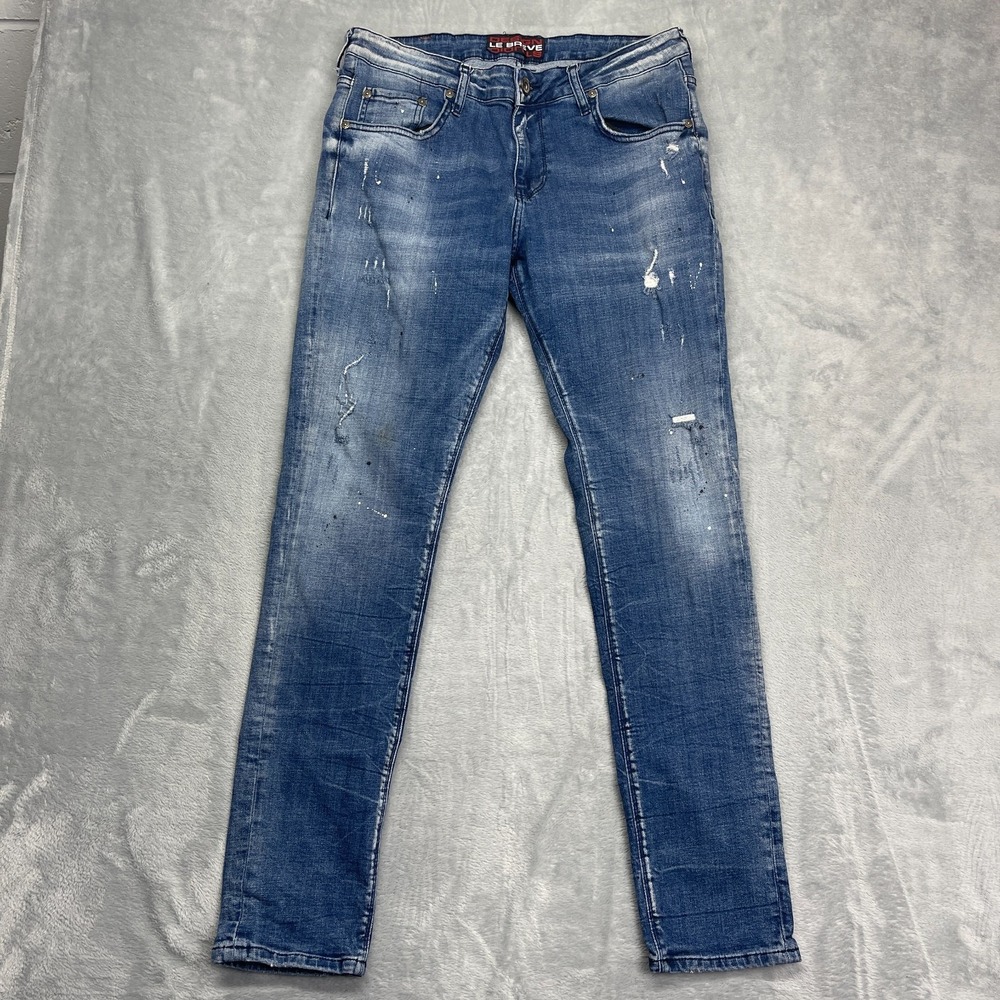 Le Breve Jeans Mens 34 (33x32) Blue Denim Distressed Comfort Fit Slim Skinny Leg